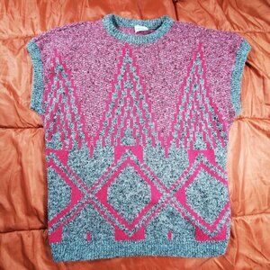 Women's Vintage Fortune Knits Inc. Sweater‎ Vest Size Large Pink Grey Christmas